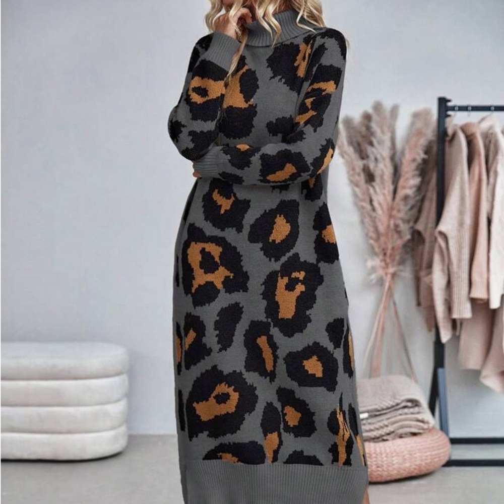 Women's Leopard Print Turtleneck Sweater Dress
